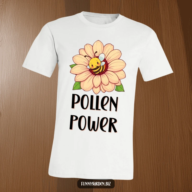 Funny Bee Flower T-Shirt: Busy bee character buzzing energetically around a giant flower, fun and humorous apparel.