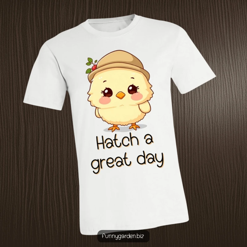 Funny Chick Gardener T-Shirt: Fluffy chick character wearing a gardening hat and smiling sweetly, cute and humorous apparel.
