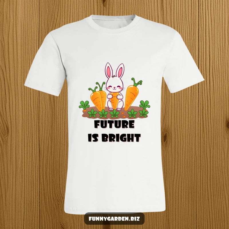 Funny Rabbit Gardener T-Shirt: Cute character joyfully gardening oversized, glowing carrots, a humorous and charming apparel.