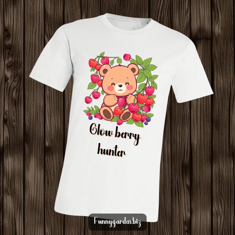 Funny kawaii bear T-shirt showing a happy bear harvesting oversized, glowing berries with an excited, comical look.