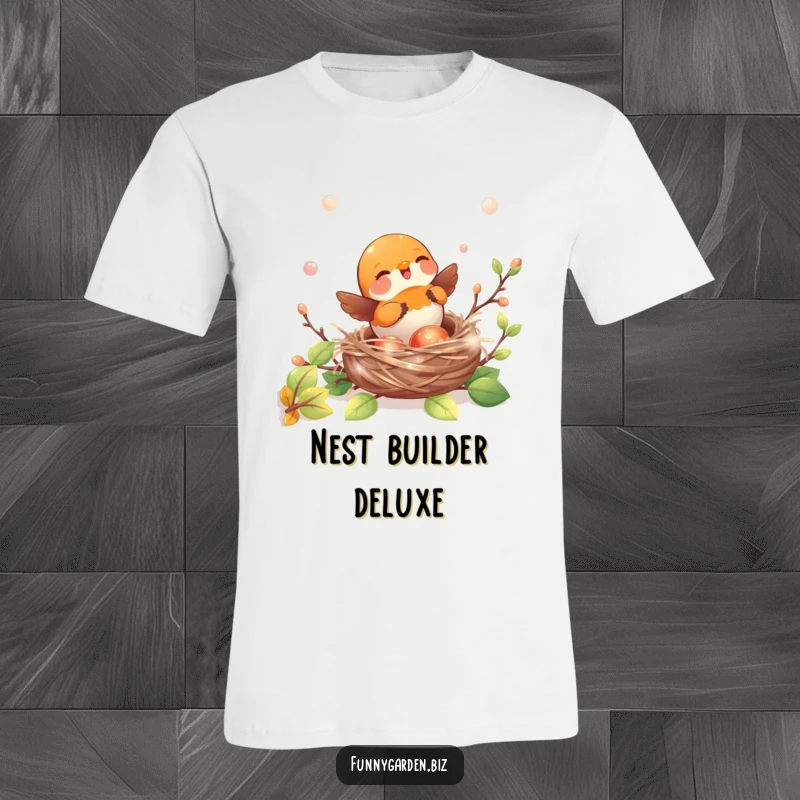Funny kawaii robin t-shirt playfully building a nest with shiny, iridescent twigs, a joyous nature tee.