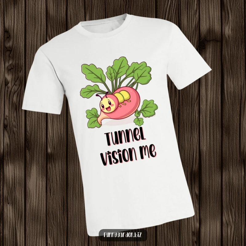 Funny kawaii caterpillar T-shirt depicting a determined caterpillar comically tunneling through a massive stylized radish.