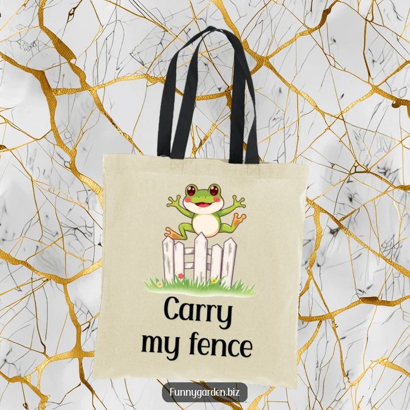 Funny kawaii frog tote bag joyfully leaping over a miniature, stylized garden fence, a whimsical accessory.