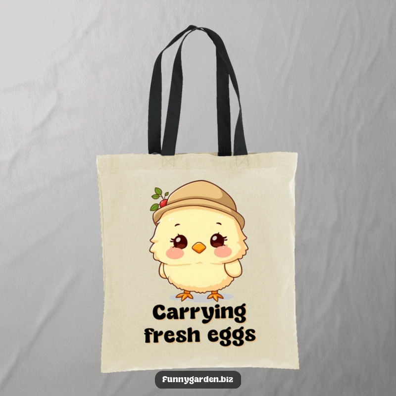 Funny Chick Gardener Tote Bag: Fluffy chick character wearing a gardening hat and smiling sweetly, humorous and practical.
