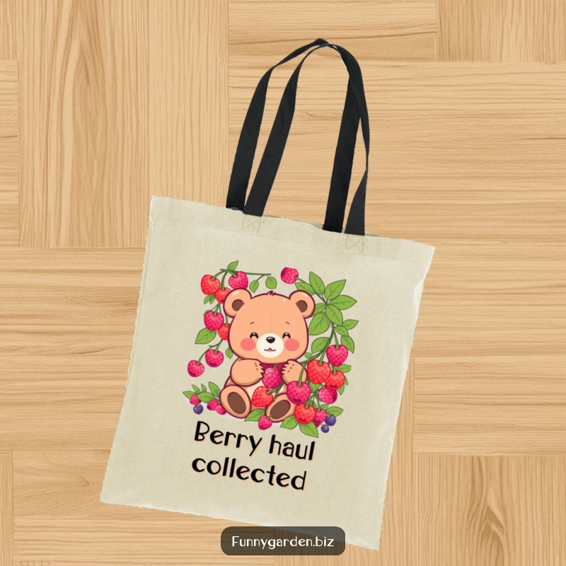 Funny kawaii bear tote bag with a comical bear harvesting glowing, oversized berries. Great for shopping and gifts.