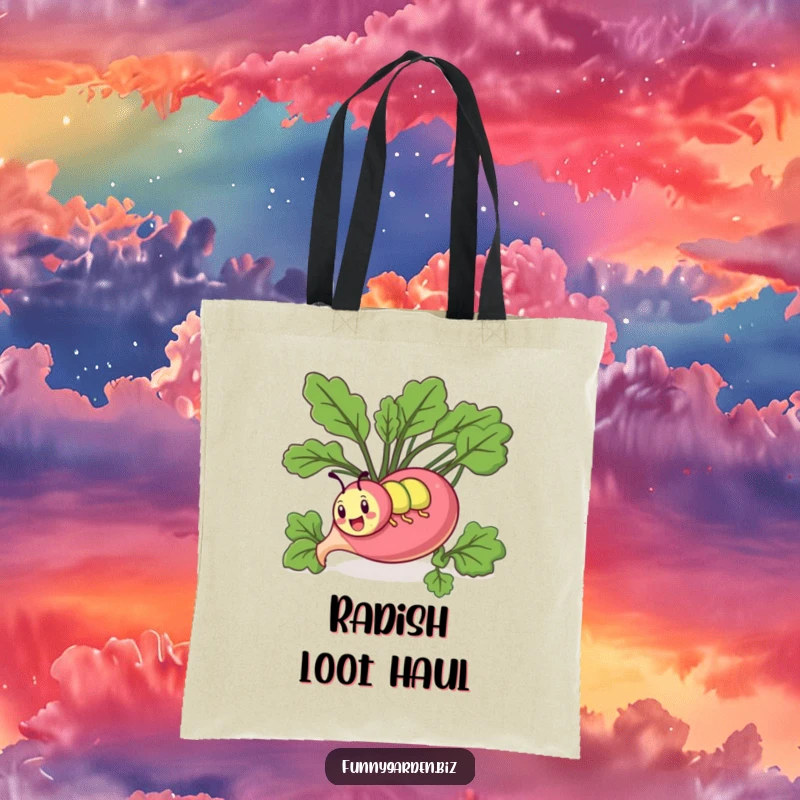Funny kawaii caterpillar tote bag showing a comical caterpillar burrowing through a giant radish. Great for shopping.