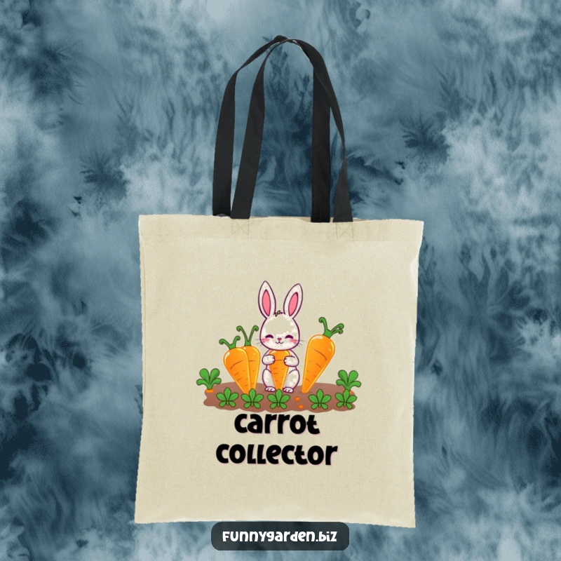 Funny Rabbit Gardener Tote Bag: Cute rabbit character tending oversized, glowing carrots, a humorous and practical accessory.