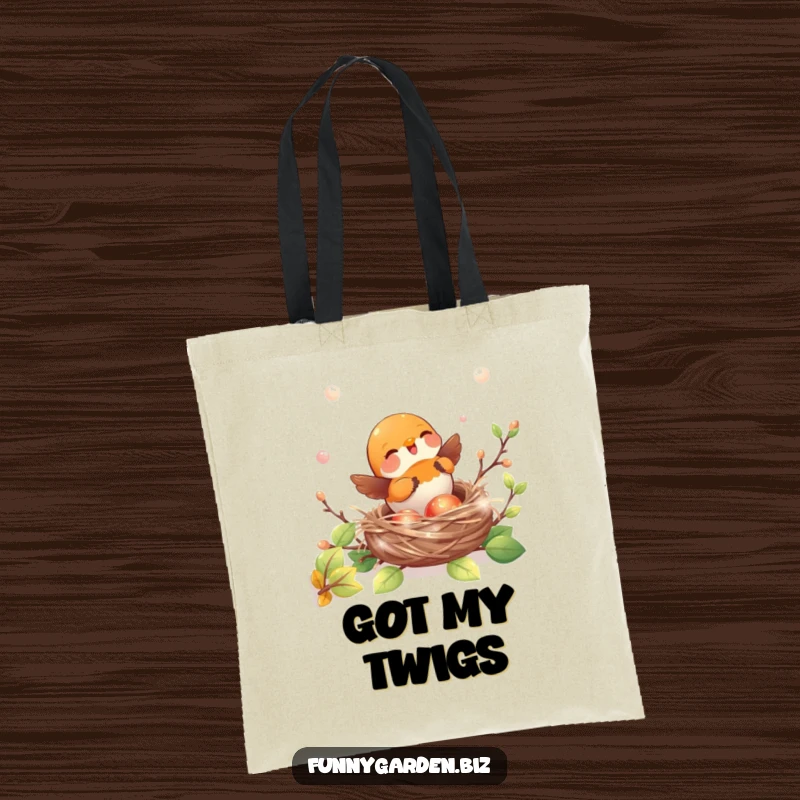 Funny kawaii robin tote bag playfully building a nest with shiny, iridescent twigs, a charming accessory.